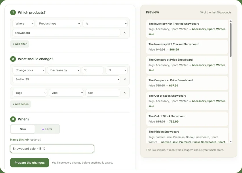 Bulk edit, import and export, with every change shown first and undo.
