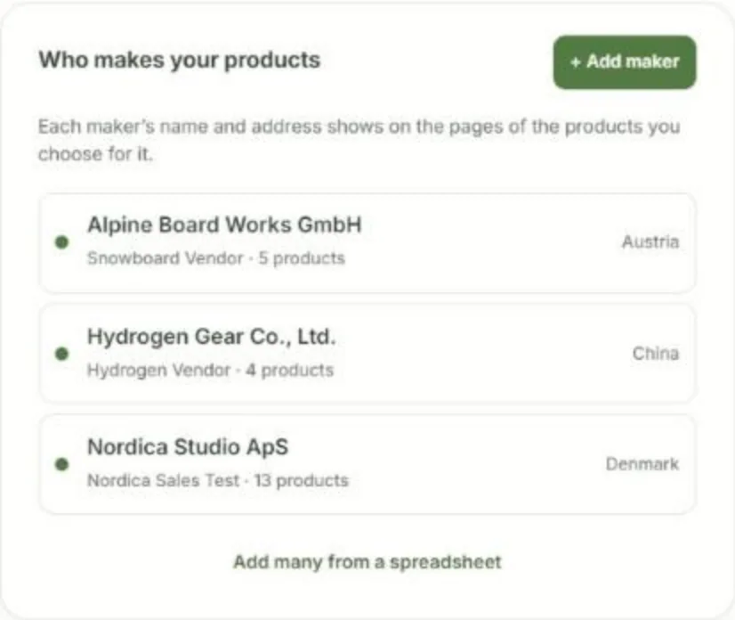 Add each maker once. Every product shows it.