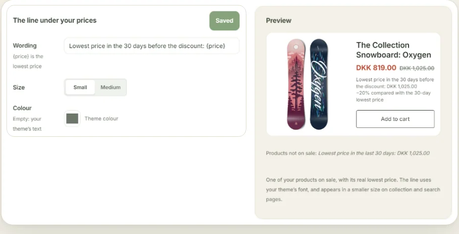 Your wording, size and colour, with a live preview.