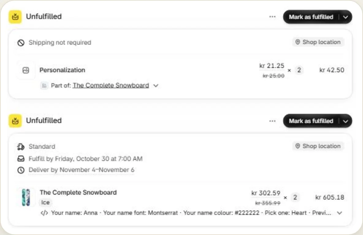Every order shows the personalization and what it earned.