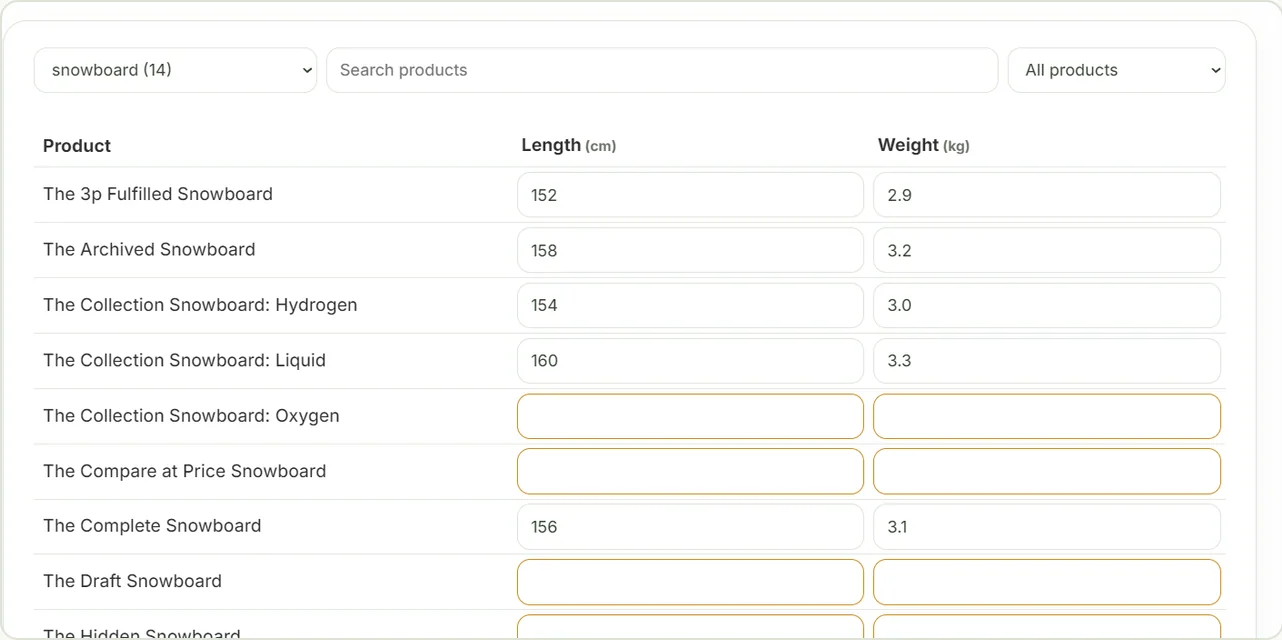 Fill in specs like a spreadsheet